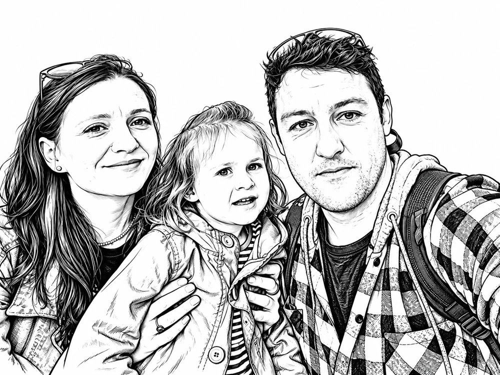 An illustrated family portrait of Mom, Maya, and Dad