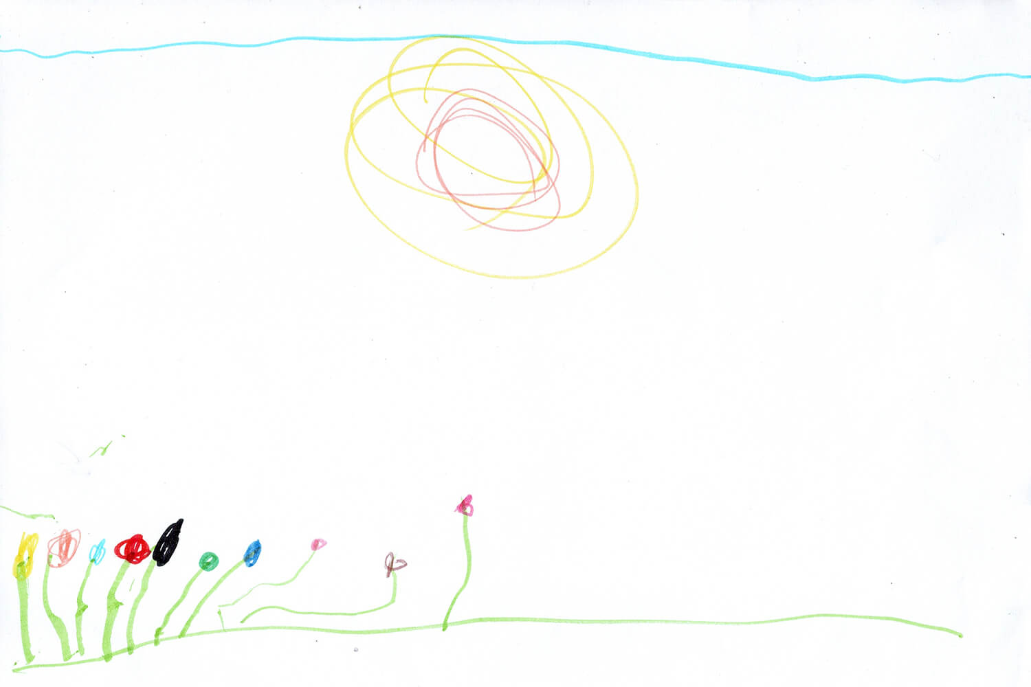 Maya’s original drawing of flowers beneath a sun and a blue sky
