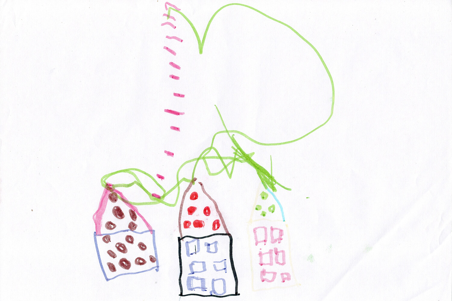 Maya’s original drawing of three small houses under a tall tree